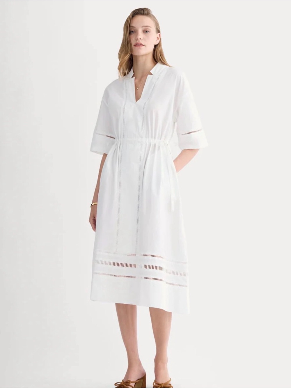 Everlane White V‑Neck Midi Dress with Drawstring Waist